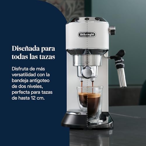 De'longhi dedica - cafeteira com bomba de aço inoxidável para café moído ou cafeteira de dose única, cafeteira expresso e cappuccino, tanque de 1,3 litros, sistema anti-gotejamento, ec685.w, branco