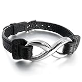 Men,Women's Stainless Steel Genuine Leather Bracelet Bangle Black Infinity Symbol Love Charm Elegant Adjustable Fit 7~9 inch