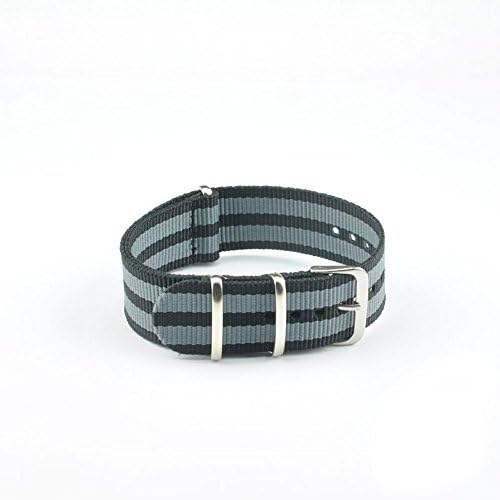 22mm Polished Stainless Buckle Nylon Striped Black / Grey Interchangeable Watch Strap Band