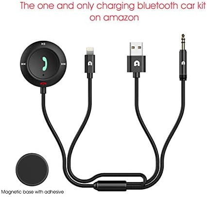MiCar Bluetooth 4.2 Charging Car Kit, Hands-free Wireless Phone Call & Bluetooth Aux Receiver with Apple Lightning Cable, Nylon 3.5mm Aux Input Cable, Built-in Mic for Car Home Stereo System
