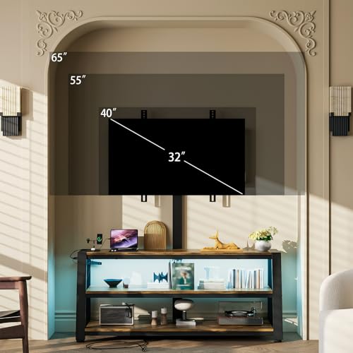 Simple Wisdom Mueble para TV,Mueble TV con Soporte Giratorio,Mesa para TVs con Toma Corriente y Luz LED,para Televisor 32 a 65 Pulgadas,Muebles de TVs Abierto de 3 Niveles(Retro)