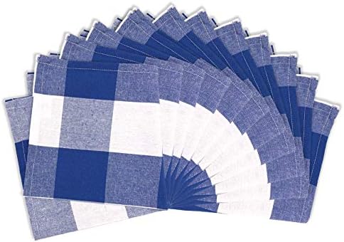 Encasa XO Cotton Cloth Napkins Set of 12 | Buffalo Blue Checks | 43x43 cm | Dining Table Napkins | Machine Washable & Reusable
