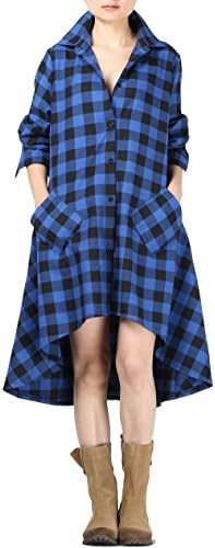 Mordenmiss Women's New Plaid Long Sleeve Button Down Hi-Low Hem Shirt Dress S-2XL