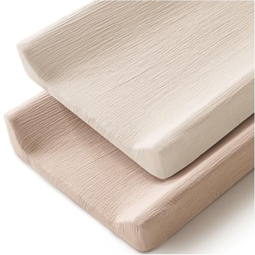 MairMore Changing Pad Cover for Neutral Baby Muslin Soft Cotton Diaper Changing Table Pad Cover Changing Pad Sheets for Girls and Boys - 2 Pack(Clay & Ivory)