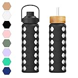 MUKOKO 24oz Glass Water Bottle with 2 Lids-Handle