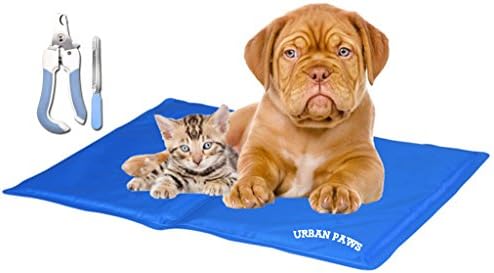 Dog Cooling Mat, Foldable Pet Gel Self Cooling Pad for Cats and Dogs with Grooming Set by URBAN PAWS Size: L (35"X 20")