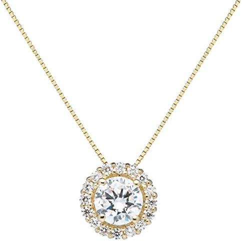 Everyday Elegance14K Solid Gold Pendant Necklace for Women | Round, Emerald, Pear, Oval and Cushion Halo Cubic Zirconia| 1.25 CTW to 2.00 CTW | 16 Inch or 18 Inch Box Link Chain | With Gift Box