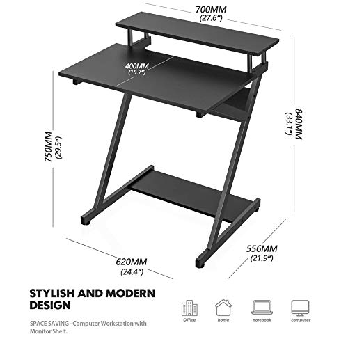 FITUEYES Computer Desk for Small Spaces,27" Z-Shaped Compact Study Table with Monitor & Bottom Shelves for Home Office, Black