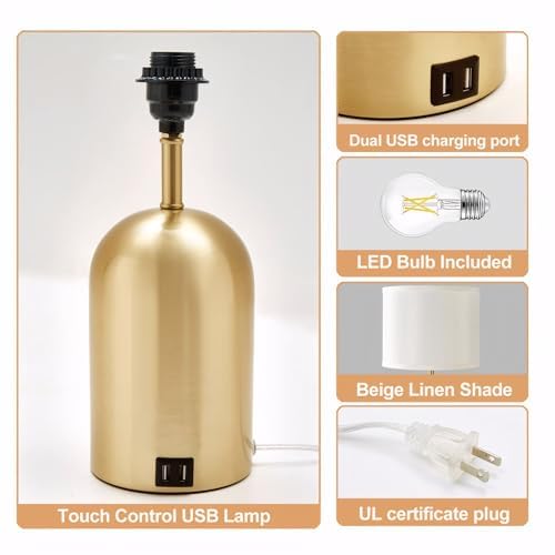 GYROVU BEDSIDE LAMP WITH USB PORT, TOUCH CONTROL TABLE LAMP FOR BEDROOM, DIMMABLE MODERN NIGHTSTAND LAMP WITH FABRIC SHADE GOLD BASE FOR LIVING ROOM, DORM, HOME OFFICE, LED BULB INCLUDED