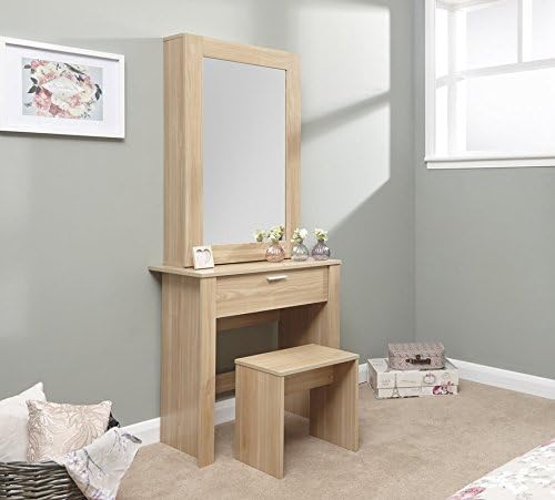 Stylish Design Sliding Door 1 Drawer Dressing Table Set with Mirror & Stool Included (Material: Solid Wood, Assembly Required) (Oak)