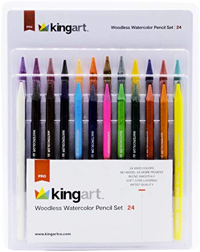 KINGART 315-24 Set, Soft Core, Pre-Sharpened, Art Coloring Woodless Watercolor Pencils, Multi