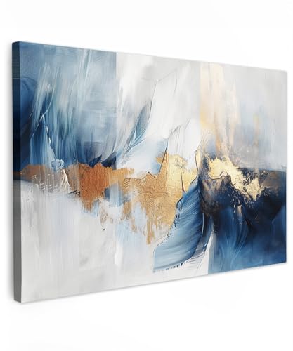 MuchoWow© Leinwand Bilder 90x60 cm Wanddeko Wohnzimmer Aesthetic Room Decor Deko Zimmer Wandbilder Modern Bild auf Leinwand Gold - Blau - Aquarell - K