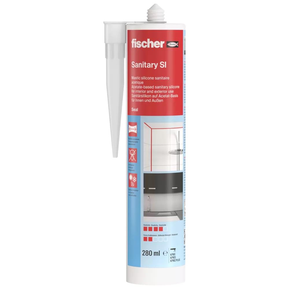 fischer 58516 Bath & Sanitary Silicone Sealant, Bathroom, Sink & Shower, White, 280ml