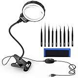 Pancellent 2-in-1 Magnifying Glass LED Lamp with Precision Tweezers Set (9 Pcs), 3X Lighted Magnifier with Clamp for Desk, Sewing, Table