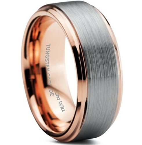King Will 8mm Tungsten Carbide Wedding Band for Men 18K Rose Gold Plated Beveled Polished Comfort Fit 9