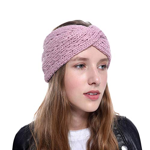 Tomppy Women Winter Knit Headband Chunky Crochet Twist Turban Hair Band Cross Braided Head Warp Ear Warmer Headwear Pink