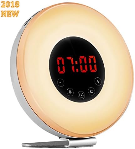 Wake-up Light Alarm Clock, Sunrise Sunset Simulator Digital Electronic Clocks with Radio [2018 Newest] USB Charger 7 Colors 6 Nature Sounds Night Light, Hotweild