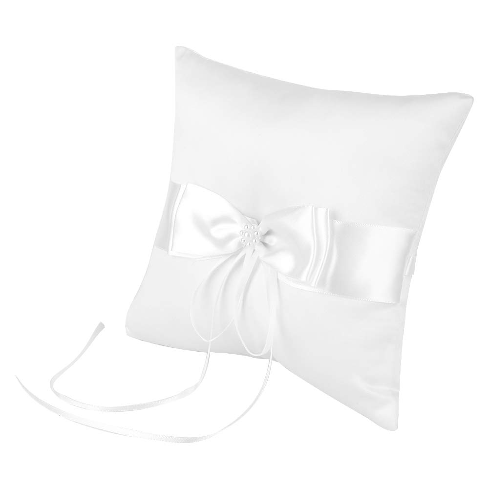 White Bowknot Ring Bearer Pillow Holder Wedding Ring Pillow with Simulation Pearl for Wedding(15 * 15cm)