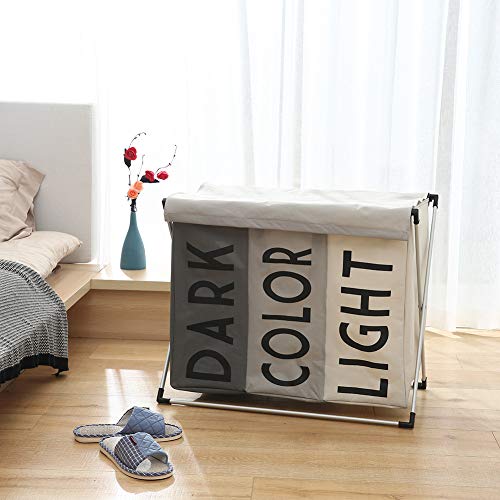HOSROOME 3 Sections Large Laundry Baskets Hampers Sorter with Lid Triple Hampers for Laundry Bathroom Bedroom Home College Use,Grey