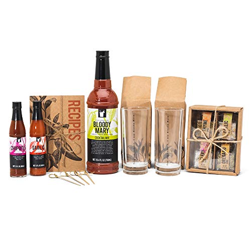 Thoughtfully Gifts, Bloody Mary Hot Sauce Tour Gift Set, Includes 4 Highball Glasses, 2 Hot Sauces, Bloody Mary Cocktail Mix, Salts, Seasonings and Bloody Mary Recipe Card