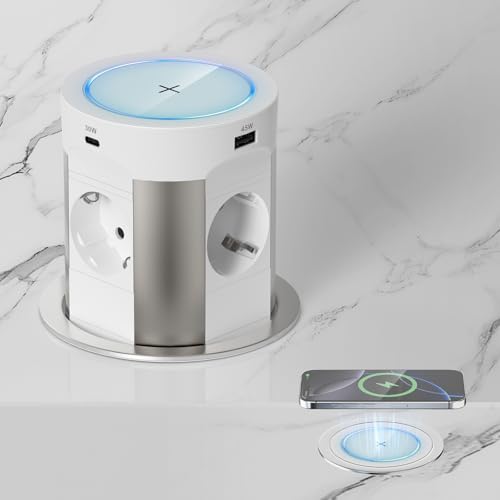 Worktop retractable socket, 2 USB-C 75 W Total, Qi 15 W, Ø100 mm | Built-in power strip with single push outlet, 4 AC outlets, 2 USB-A 45W+30W, kitchen and central island, white