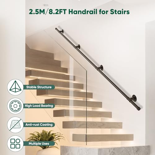 Couleeur Indoor and Outdoor Stair Railings, Wall Mount Stairs Railing for Elderly Disabled Stairs Steps Handrail Galvanized Industrial Non-Slip Handrail (2.5 M)