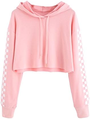 Women's Long Sleeve Plaid Checkered Sweatshirt Crop Top Hoodies