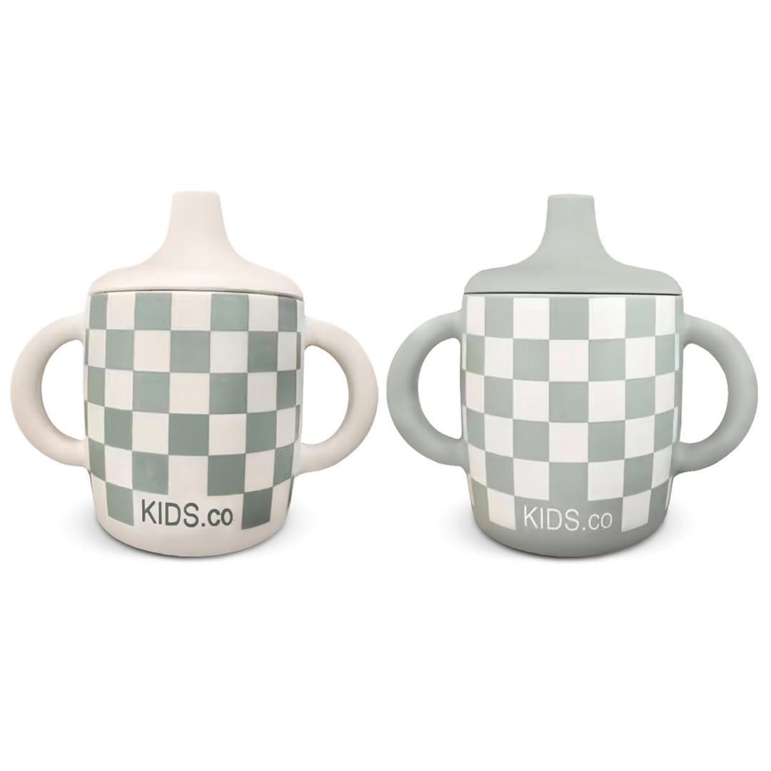 Photo 1 of KIDSco. Silicone Sippy Cups for Babies & Toddlers 6+ Months – 5oz Spill Proof Training Cup with Soft Spout & Easy Grip Handles – BPA Free, Unbreakable, Non-Toxic Transition Cup (2 pack Checkers)