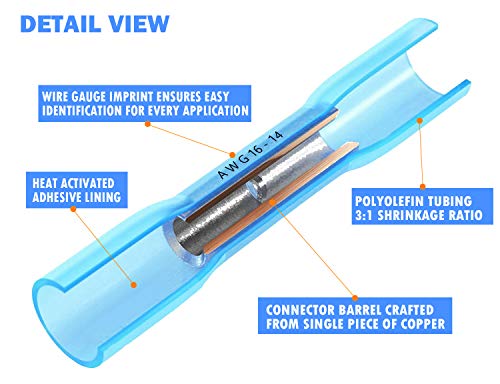 GBAuto Blue Heat Shrink Butt Connectors 16-14 Gauge-Insulated Waterproof Electrical Connectors Wire Terminals Marine Automotive Crimp-Butt Splice Connectors - 200PCS