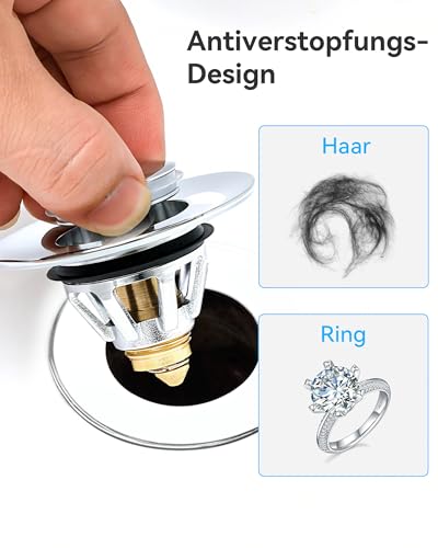 Magichome Pop Up Sink Plug Stainless Steel for 34-45mm Drain Holes | Drain plug stainless steel plug sink anti-clogging sink plug with drain strainer, plug for sinks
