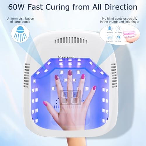 Cordless Rechargeable UV Nail Lamp, 60W Professional UV Light for Gel Nails with Metal Base, Portable Wireless LED Nail Dryer Fast Charger Curing Lamp 3 Timers for Salon or Home