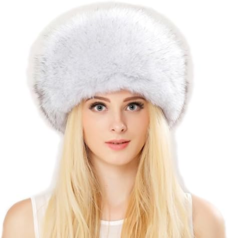 Zegeon White Fox Fur Roller Hat With Leather Top For Women