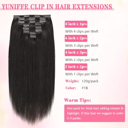 YUNIFFE Clip in Hair Extensions Human Hair 120g 18 Inch 8pcs Natural Black Remy Human Hair Extensions Straight Hair Extensions Clip in Double Weft #1B