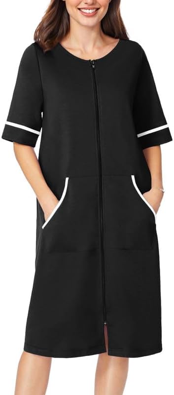 short zipped dressing gown Women's Zipper Front Nightgown House Coat Short Sleeves Robe Zip Up Sleepwear with Pockets