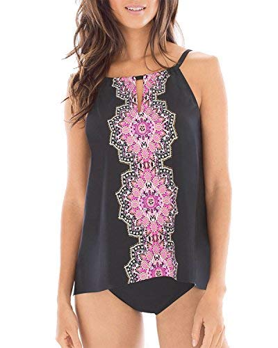 Women Halter Padded Push Up Tankini Swimsuit Tribal Print Tankini Swimwear Two Pieces Tankini Top Set with Brief Triangle