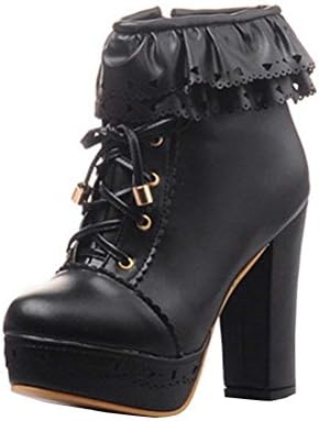Coolulu Womens Chunky High Heel Platform Lace up Ankle Boots with Bow Zipper Lacework Sweet Lolita Autumn Winter Shoes