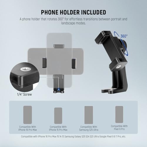 NEEWER BASICS Camera Tripod, 71'' Tripod with Cell Phone Holder Mount Compatible with iPhone for Video Recording, Professional Aluminum Lightweight Portable Travel Stand with 3 Way Pan Tilt Head, TP55