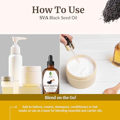 SVA Black Seed Oil – 4 Fl Oz – 100% Natural Cold Pressed Nigella Sativa – Kalonji Oil for Hair, Face & Skin Care – Carrier Oil with Dropper