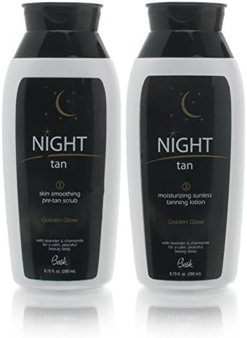Bask Night Tan 2 Step Sunless Tanning System + Sleep Mask 3 Piece Set Includes: 6.75 oz Skin Smoothing Pre-Tan Scrub + 6.75 oz Moisturizing Sunless Tanning Lotion + Sleep Mask