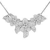 Hawaiian Silver Jewelry 925 Sterling Silver Synthetic CZ Three Plumeria Maile Leaf Slider Necklace, 18-Inch