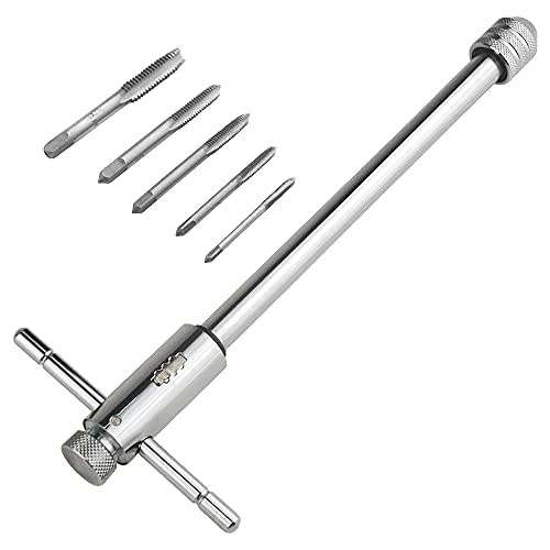 BGTXINGI Adjustable Ratchet Wheel Hand Tap Wrench Holder Reversible Bothway T-Handle Manual Tapping Ratcheting Wrench 248mm with 5pcs M3 M4 M5 M6 M8 Machine Screw Thread Metric Plug T-Shaped Tap
