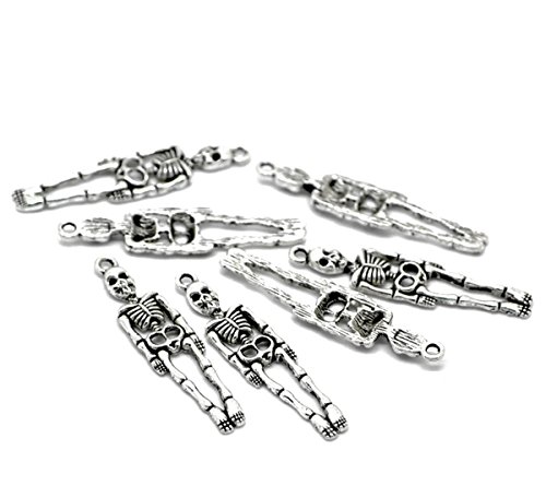 Housweety 50PCs Silver Tone Skeleton Body Skull Charm Pendants 39x9mm(1 4/8"x3/8")