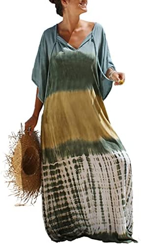 Bsubseach Women Green Tie Dye Kaftan Dress Plus Size Beach Cover