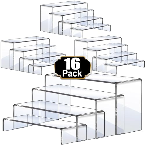 Aheroi Display Risers, 16 Pcs 4 Set Acrylic Riser Display Shelf, Clear Risers Display Stands, Rectangular Acrylic Risers for Decor Display, Cupcake Funko Candy Shoe Showcase Stands(1-3-4-5IN) | Clear Risers Display Stands, Acrylic Display Shelf,Dessert Table Display Set Cupcake Candy Shoe Showcase Stands (7”L~8”L~9”L)