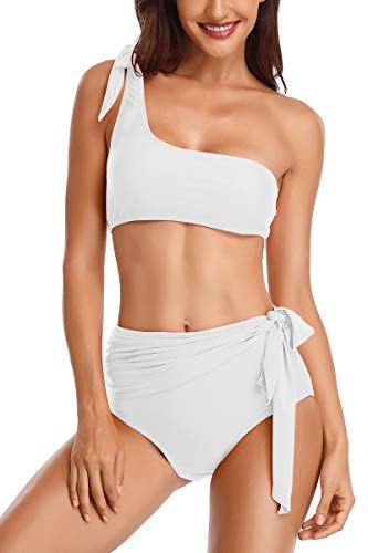 Alamree Womans Tie Front High Leg 2 Piece Swimsuits One Shoulder Bathing Suit White S - Thumbnail 4