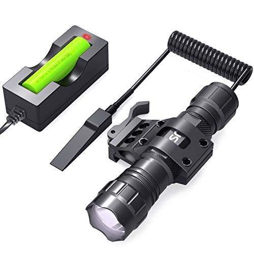 CISNO Tactical Flashlight L2 LED 1000 Lumen Battery and Charger Included with Quick Release Offset Mount Pressure Switch for Rail, Hunting Outdoor Matte Black