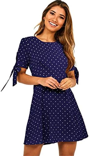 Women Dress Sunday77 Women Summer Dot Print Short Sleeve Ruffles A-Line Lace-up Casual Mini Dress Beige