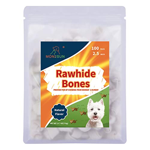 MON2SUN Dog Rawhide Knot Bones Small Rawhide Bones Mini Dog Chew Bones Natural 2.5 Inch 100