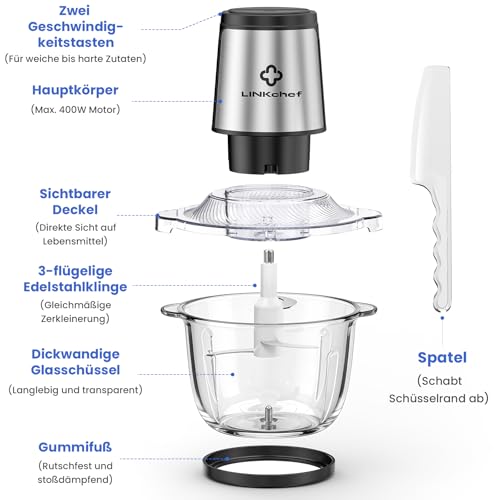 LINKChef Electric Chopper 1.5 L Glass Container, 2 Levels, 3 Stainless Steel Blades - Universal Chopper for Meat, Vegetables, Nuts & Baby Food