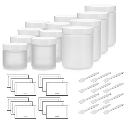 12 piece Frosted Glass Straight Sided Jar Starter Kit Set with White Lids: Includes 4-2 oz Frosted Glass Jars, 4-4 oz Frosted Glass Jars, 4-8 oz Frosted Glass Jars + Spatulas and Labels